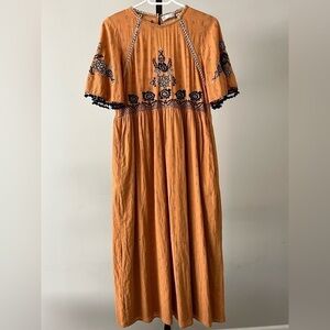 Zara Mustard Embroidered midi dress, size XSmall.